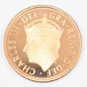 2023 Charles III Coronation proof gold full sovereign, in original Royal Mint box with