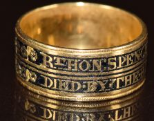 Georgian 18ct gold mourning ring set with black enamel inscribed 'Rt Hon Spencer Perceval born