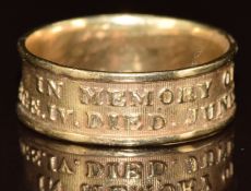 A 9ct gold mourning ring embossed 'In Memory of George IV died June 26th 1830', 3.3g, size R