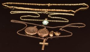 A 9ct gold necklace, 9ct gold pendant set with an opal, emeralds and cubic zirconia, 9ct gold cross,