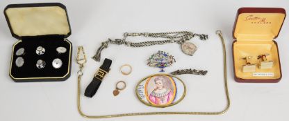 Victorian silver fob chain with tassel charm, locket (Birmingham 1912), enamel plaque, 9ct gold