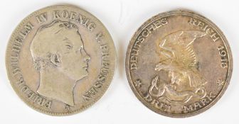 Two Prussia silver coins including an 1843 Thaler featuring King Wilhelm IV and a high-grade 1913