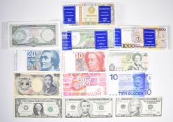 Thirteen world banknotes from Switzerland, the Netherlands, United States of America, Japan and