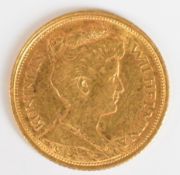 1912 Netherlands 5 Gulden gold coin featuring Queen Wilhelmina I, 3.36g 0.900