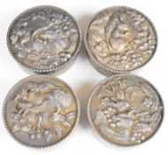 Set of four Elizabeth II hallmarked silver pill or trinket pots each decorated with wildlife