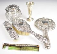 Hallmarked silver mounted items comprising Victorian silver mounted glass dressing table pot,