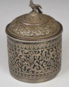 Indian covered cache pot or tea caddy with repoussé decoration and bird finial, H11cm, 202g