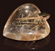 A c1900 heart quartz with rutile inclusions with yellow metal pendant mount, 18.3g, 3.5 x 4cm