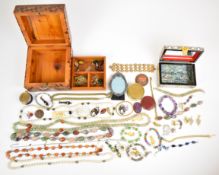 A collection of jewellery including silver and tiger's eye earrings, beaded agate necklaces with