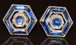 A pair of Art Deco white gold earrings set with sapphires, 2.6g