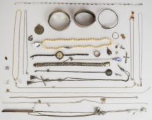 Two silver bangles, an 800 grade bangle in the form of a serpent, silver bracelet, a silver watch by