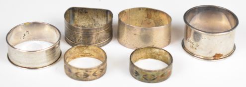 Six various silver napkin rings, four being hallmarked, two marked silver, weight of all six 121g