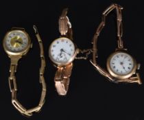Three 9ct gold ladies wristwatches including Kay of Worcester, all on 9ct gold expanding