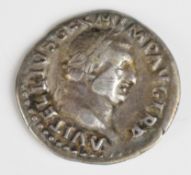 Roman silver Denarius of Vitellius 69 AD, laureate head right, rev Vesta seated right holding