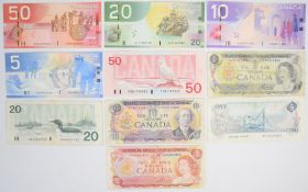 Ten Canada 1971-2005 banknotes comprising $5, $10, $20 and $50 from 2004-05, $20 and $50 1988-91 and