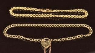 Two 9ct gold bracelets, one with heart padlock clasp, 8g, 19cm & 17cm