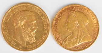 1900 Queen Victoria gold full sovereign and 1888 German 20 mark (7.96g .900)  gold coin pair, in