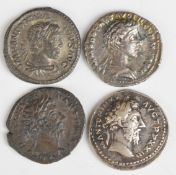 Four Roman silver Denarius comprising Commodus 177-192 AD, bare head right, rev Commodus with