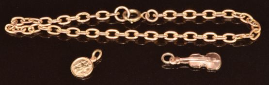 A 9ct rose gold bracelet with 9ct gold St Christopher charm and violin charm, 5g, 19cm