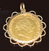 George III 1817 gold half sovereign in 9ct gold pendant mount, 5.3g