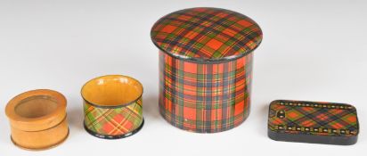 Three pieces of Tartanware comprising a covered pot, bridge or whist marker and a napkin ring,