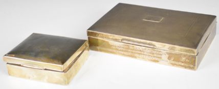 Two hallmarked silver cigarette boxes, the larger having engine turned lid, Sheffield 1961, maker