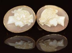 A pair of c1910 earrings each set with a cameo depicting young women, 4.7g, 1.3 x 1.6cm