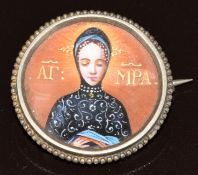 Silver brooch set with a Russian enamel miniature portrait, 7.2g, 2.4cm