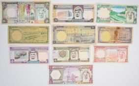 Ten Saudi Arabia 1968-1984 banknotes consisting of 1976; 1977 issue (undated) 1, 5, 10 and 50