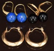 A pair of 9ct gold hoop earrings (1g), and two pairs of 14k gold earrings set with onyx and lapis