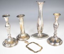 Hallmarked silver candlestick, pair of silver candlesticks marked 830S, similarly marked vase and