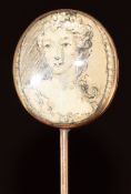 Georgian stick pin set with a portrait miniature verso 'Augusta Dowager of Wales 1772', 3.4g, 8.5cm