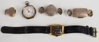 A 9ct gold cased watch, silver fob watch, two silver miniature boxes/ pill pots in the form of