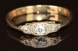 A 9ct gold ring set with an old cut diamond and two rose cut diamonds, 1.6g, size O