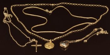 Four 9ct gold chains, 9ct gold cross, 9ct gold locket and a 9ct gold pendant, 11g