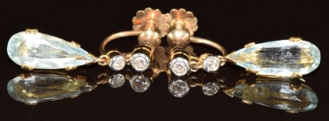 A pair of 9ct gold earrings each set with an pear cut aquamarine and two diamonds, 4.3g, 2.3cm