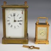 Brass and bevelled glass carriage clock, H12cm and a miniature brass and bevelled glass carriage
