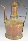 Eastern copper jug with iron handle and hinge for lid, overall height 35cm