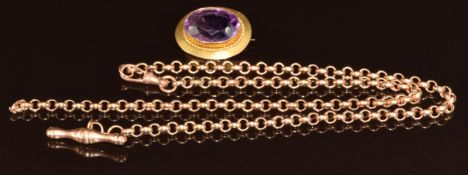 A 9ct rose gold chain with T bar pendant (damaged, 7.3g, 88cm) and 9ct gold brooch set with an