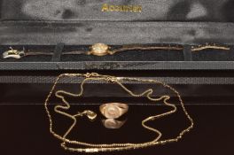 A 9ct gold signet ring, two 9ct gold chains, 9ct gold charm in the form of a heart and cross (8.