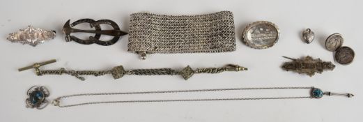 A collection of jewellery including silver bracelet (51g), four c1900 silver brooches, Arts & Crafts