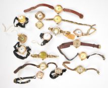Seventeen 9ct gold ladies wristwatches including Buren, Hirco etc, mostly on leather or material