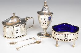 Elizabeth II hallmarked silver three piece condiment set in the Georgian style with blue glass