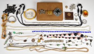 A collection of jewellery including Miracle Creation brooch, silver brooch mount, Art Deco earrings,