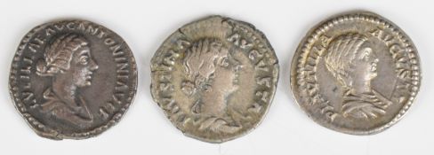 Three Roman silver Denarius of empresses comprising Faustina II 127-175 AD draped head right rev