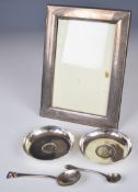 Modern hallmarked silver photograph frame to suit 6 x 4 inch photo, two coin inset pin dishes marked