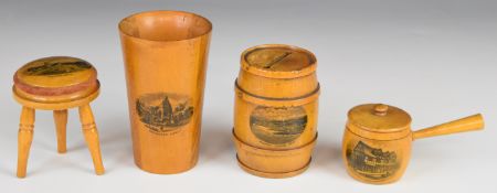 Four pieces of Mauchlineware comprising Melrose Abbey beaker, Pevensey Castle stool pin cushion,