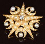 Edwardian 9ct gold pendant / brooch set with a diamond, pearls and split pearls, 5.9g, 2.5cm