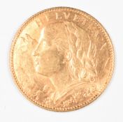 Swiss 1916 10 Franc Helvetia gold coin, 3.22g 0.900