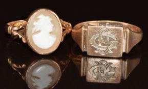 A 9ct rose gold ring set with cameo (Chester 1915, size S), and a 9ct gold signet ring (size V), 5.